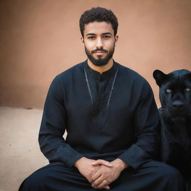 A handsome, bearded Arab youth in traditional attire, sitting in calm unity with a sleek black panther, embodying strength and serenity.