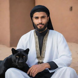 A handsome, bearded Arab youth in traditional attire, sitting in calm unity with a sleek black panther, embodying strength and serenity.