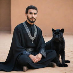 A handsome, bearded Arab youth in traditional attire, sitting in calm unity with a sleek black panther, embodying strength and serenity.