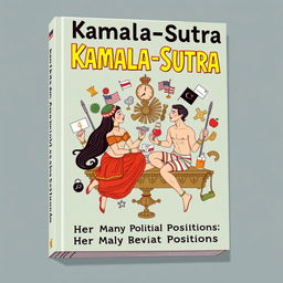 A book cover for a satirical book titled 'Kamala-Sutra: Her Many Political Positions