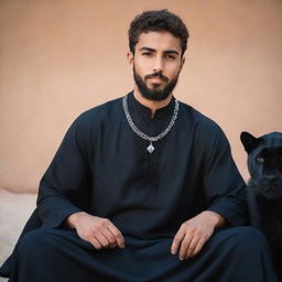 A handsome, bearded Arab youth in traditional attire, sitting in calm unity with a sleek black panther, embodying strength and serenity.