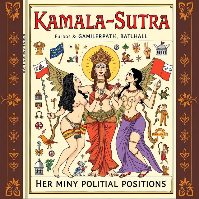 A book cover for a satirical book titled 'Kamala-Sutra: Her Many Political Positions