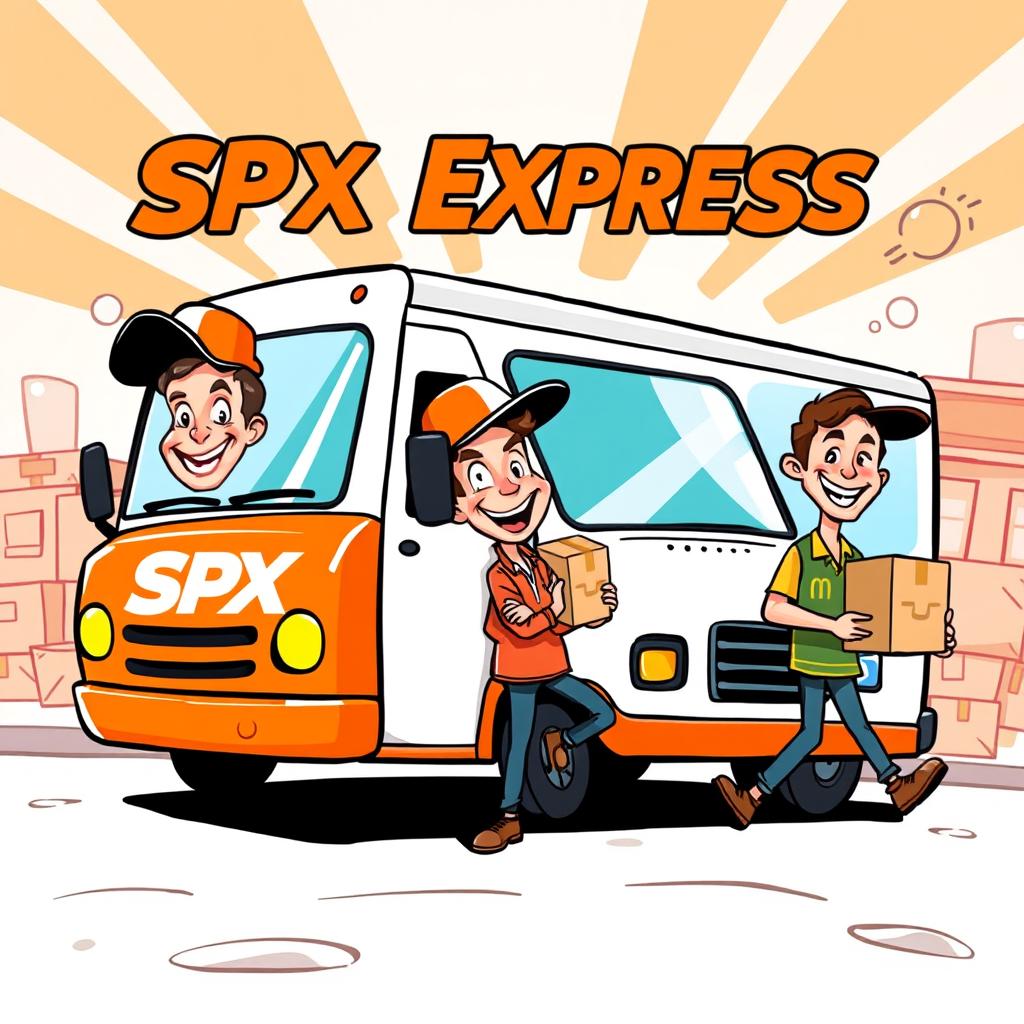 A playful and vibrant caricature design for SPX Express, featuring an orange color scheme