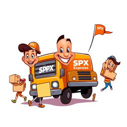 A playful and vibrant caricature design for SPX Express, featuring an orange color scheme