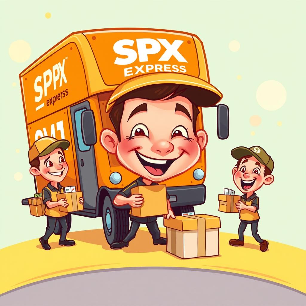 A playful and vibrant caricature design for SPX Express, featuring an orange color scheme