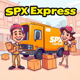 A playful and vibrant caricature design for SPX Express, featuring an orange color scheme