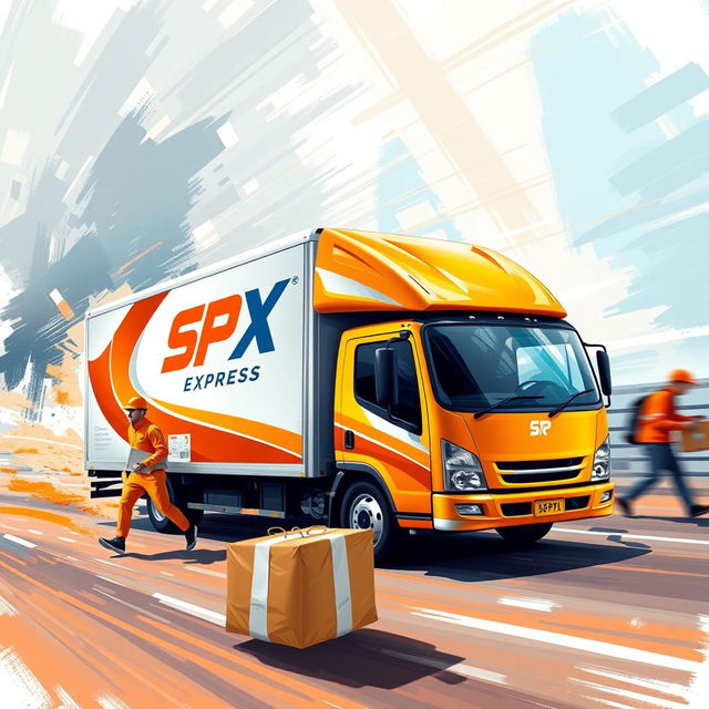 A dynamic and colorful painting-style design for SPX Express, prominently featuring orange as the primary color