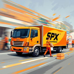 A dynamic and colorful painting-style design for SPX Express, prominently featuring orange as the primary color