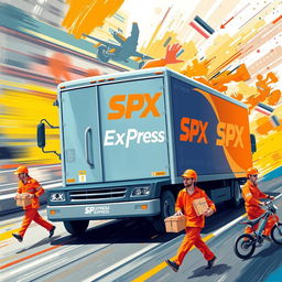 A dynamic and colorful painting-style design for SPX Express, prominently featuring orange as the primary color