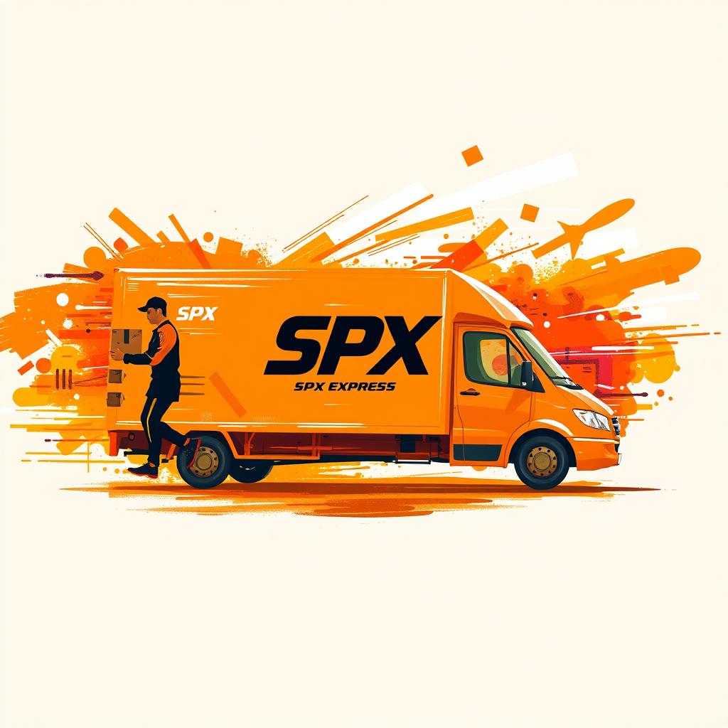An abstract painting-style design for SPX Express, with orange as the dominant color