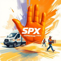 A vibrant and artistic painting-style design for SPX Express, featuring a prominent hand shape in orange color