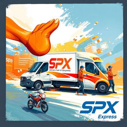 A vibrant and artistic painting-style design for SPX Express, featuring a prominent hand shape in orange color