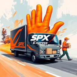 A vibrant and artistic painting-style design for SPX Express, featuring a prominent hand shape in orange color