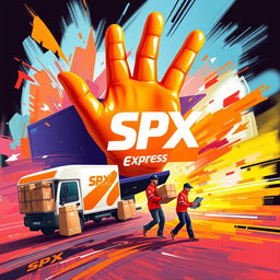 A vibrant and artistic painting-style design for SPX Express, featuring a prominent hand shape in orange color