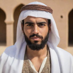 A handsome, bearded Arab youth in traditional attire, skillfully engaging in combat, displaying courage and determination.