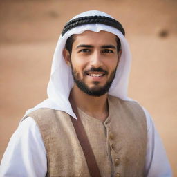 A handsome, bearded Arab youth in traditional attire, skillfully engaging in combat, displaying courage and determination.