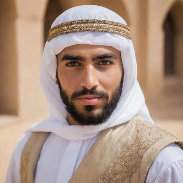 A handsome, bearded Arab youth in traditional attire, skillfully engaging in combat, displaying courage and determination.