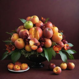 A stunning edible bouquet rich with juicy peaches, crisp apples, and fresh tangerines sits at the centerpiece, contrasted with a lush dark red background, creating an irresistible and visually captivating array of colors and textures.