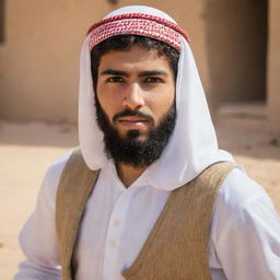 A handsome, bearded Arab youth in traditional attire, skillfully engaging in combat, displaying courage and determination.