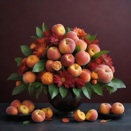 A stunning edible bouquet rich with juicy peaches, crisp apples, and fresh tangerines sits at the centerpiece, contrasted with a lush dark red background, creating an irresistible and visually captivating array of colors and textures.