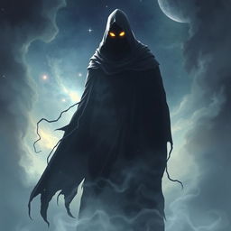 A tall, shadowy figure standing amidst a swirling cosmic backdrop, with a tattered cloak made of stars and darkness draped over its form