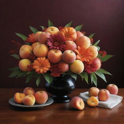 A stunning edible bouquet rich with juicy peaches, crisp apples, and fresh tangerines sits at the centerpiece, contrasted with a lush dark red background, creating an irresistible and visually captivating array of colors and textures.