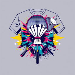 A stylish and sporty badminton T-shirt design featuring dynamic shuttlecock and racket graphics