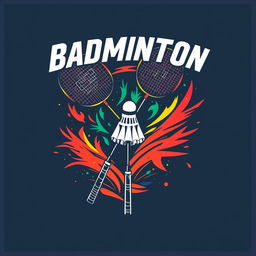 A stylish and sporty badminton T-shirt design featuring dynamic shuttlecock and racket graphics