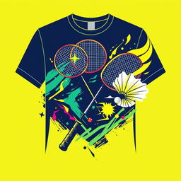 A stylish and sporty badminton T-shirt design featuring dynamic shuttlecock and racket graphics