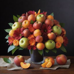 A stunning edible bouquet rich with juicy peaches, crisp apples, and fresh tangerines sits at the centerpiece, contrasted with a lush dark red background, creating an irresistible and visually captivating array of colors and textures.