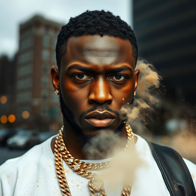 A dramatic portrait of an African American man wearing a diamond chain, set against the backdrop of Detroit