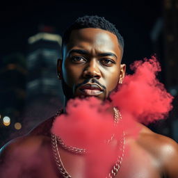 A dramatic portrait of an African American man wearing a diamond chain, set against the backdrop of Detroit