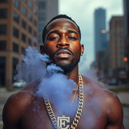 A dramatic portrait of an African American man wearing a diamond chain, set against the backdrop of Detroit