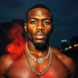 A dramatic portrait of an African American man wearing a diamond chain, set against the backdrop of Detroit