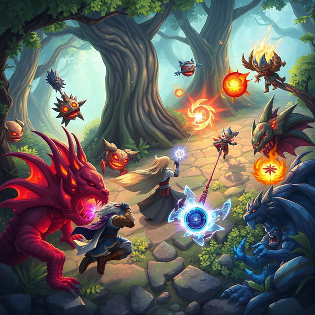 A vibrant and dynamic scene from a video game featuring a heroic character battling monsters in a mystical forest with glowing elements and magical effects