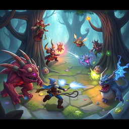 A vibrant and dynamic scene from a video game featuring a heroic character battling monsters in a mystical forest with glowing elements and magical effects