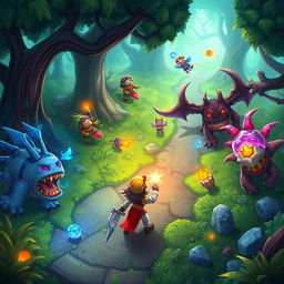 A vibrant and dynamic scene from a video game featuring a heroic character battling monsters in a mystical forest with glowing elements and magical effects