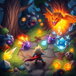 A vibrant and dynamic scene from a video game featuring a heroic character battling monsters in a mystical forest with glowing elements and magical effects