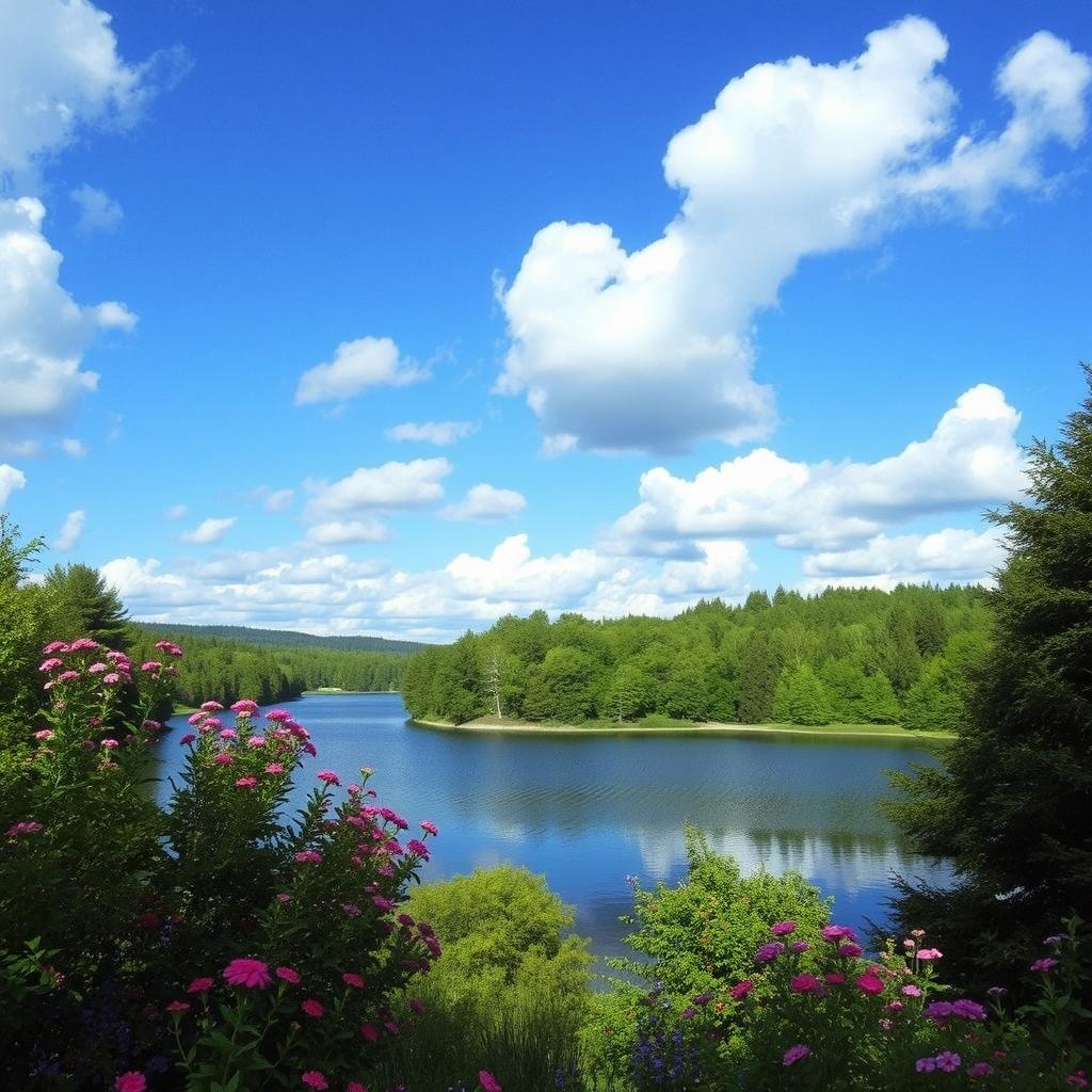 A beautiful landscape featuring a serene lake surrounded by lush green trees and vibrant flowers under a clear blue sky with fluffy white clouds