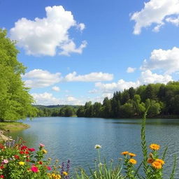 A beautiful landscape featuring a serene lake surrounded by lush green trees and vibrant flowers under a clear blue sky with fluffy white clouds