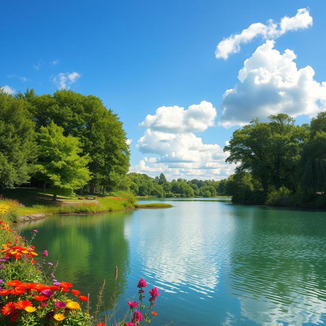 A beautiful landscape featuring a serene lake surrounded by lush green trees and vibrant flowers under a clear blue sky with fluffy white clouds