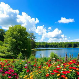 A beautiful landscape featuring a serene lake surrounded by lush green trees and vibrant flowers under a clear blue sky with fluffy white clouds