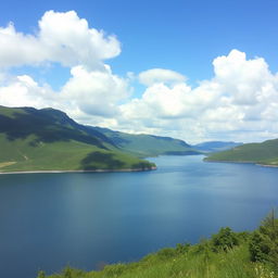 A beautiful landscape featuring a serene lake surrounded by lush green hills and a clear blue sky with fluffy white clouds