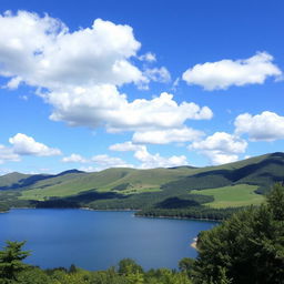 A beautiful landscape featuring a serene lake surrounded by lush green hills and a clear blue sky with fluffy white clouds