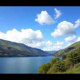 A beautiful landscape featuring a serene lake surrounded by lush green hills and a clear blue sky with fluffy white clouds