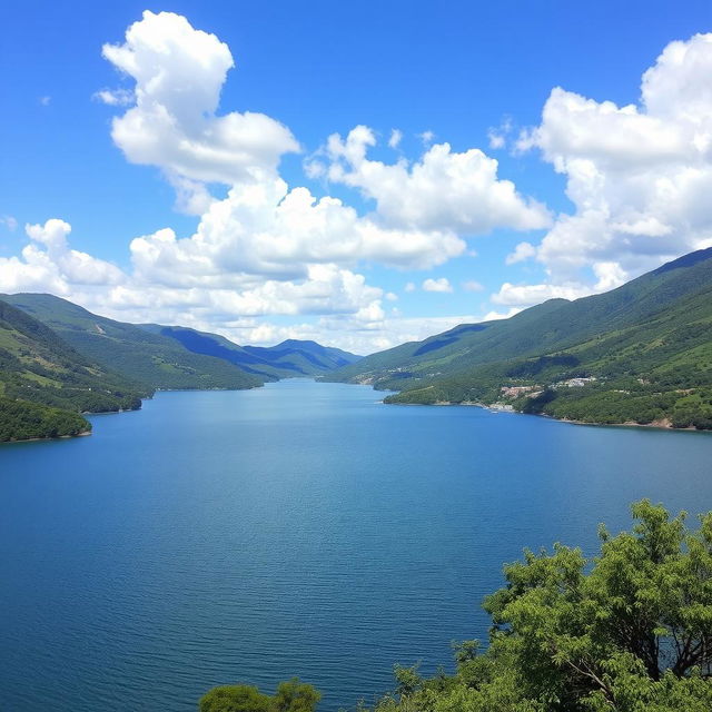 A beautiful landscape featuring a serene lake surrounded by lush green hills and a clear blue sky with fluffy white clouds