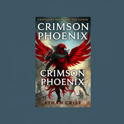 Create a dramatic action book cover for a novel titled 'Crimson Phoenix'