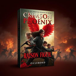 Create a dramatic action book cover for a novel titled 'Crimson Phoenix'