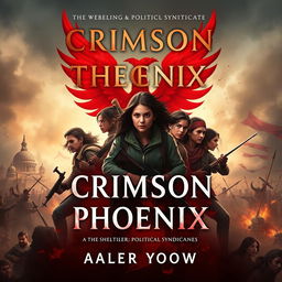 Create a dramatic action book cover for a novel titled 'Crimson Phoenix'