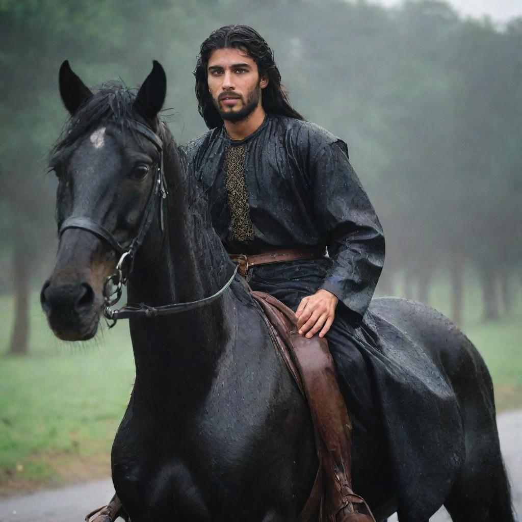 A handsome, bearded Arab youth, attired in traditional gear, gallantly riding a robust black horse in the rain, embodying strength and determination.